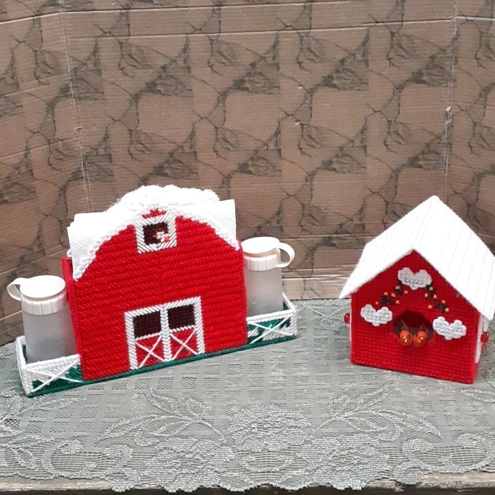 Vintage 2-pcHandmade Needlepoint plastic Canvas barn and 3D birdhouse collection